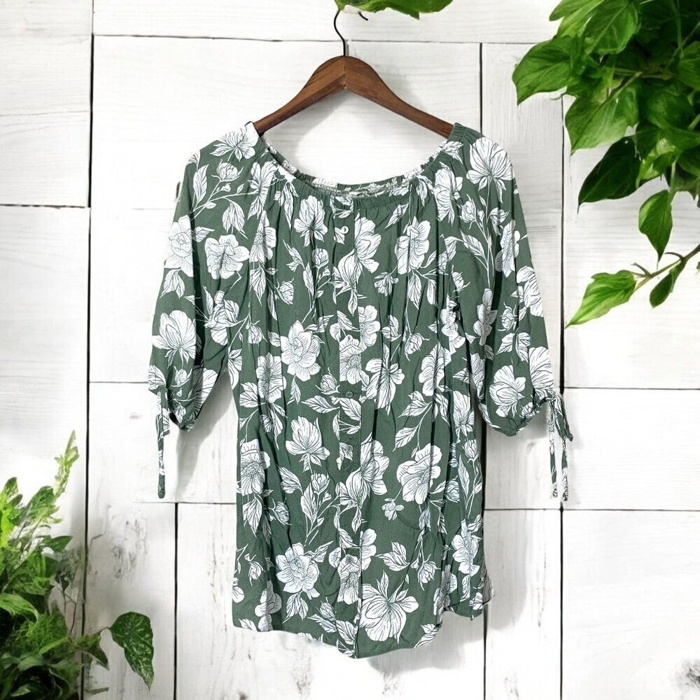 George UK Floral Green & White Peasant Blouse Half Sleeves Elastic Neckline Sz L